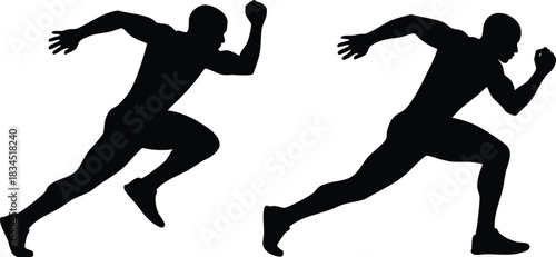 Minimalist silhouette vector showing two side by side sprinters mid stride low angle profile contrasting stride length and arm position black figures on white landscape orientation