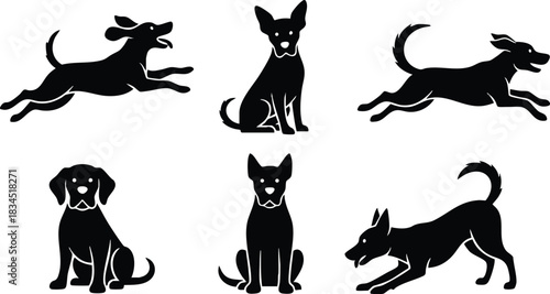 Flat silhouette montage of six black dog poses running sitting sniffing play bow and alert, side and front angles, bold contrast vector art for icons set