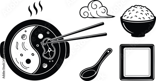 Minimalist line art overhead view of steaming ramen pot with chopsticks lifting noodles, rice bowl, spoon and square dipping dish in black and white icon