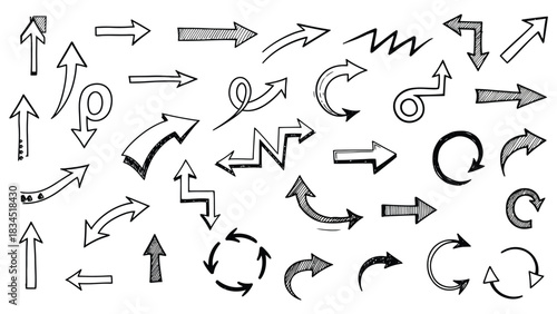 A collection of hand-drawn arrows in various shapes and directions are displayed against a white background.