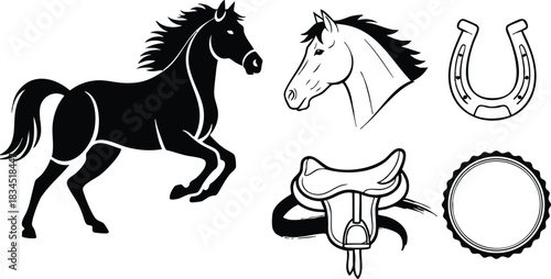 Silhouette vector set showing left-facing galloping horse, close-up horse head profile, horseshoe facing up, western saddle and circular rosette emblem in bold black line art illustration