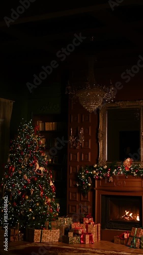 Atmospheric living room decorated for Christmas. Christmas tree with gifts and fireplace in the living room. High quality 4k footage