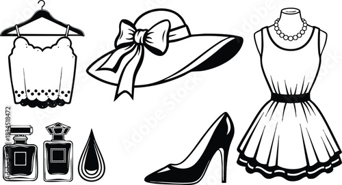 Minimalist line art set depicting wide-brim hat with bow facing left, camisole on hanger, front view sleeveless dress with necklace, side profile high heel, perfume bottles