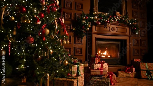 Atmospheric living room decorated for Christmas. Christmas tree with gifts and fireplace in the living room. High quality 4k footage