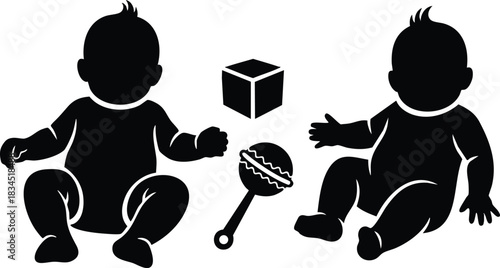 Silhouette vector close up of two sitting babies facing each other playing with rattle and block low angle minimal flat composition high contrast black reaching hands