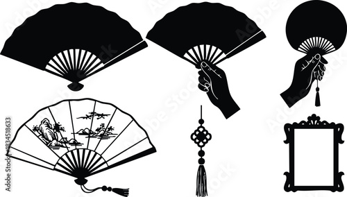 Minimalist silhouette vector set showing black folding hand fans with tassel and ornate frame, centered composition, close-up low-angle hand holding fan, open and closed elegant poses