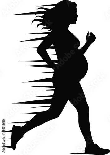 Glitch silhouette vector side profile pregnant woman running with visible baby bump low angle jogger pose horizontal motion streaks high contrast black and white solo graphic