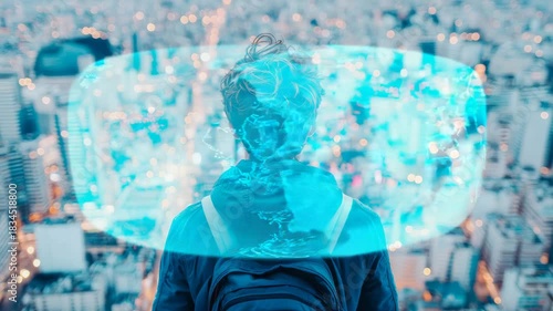 Individual observing an urban landscape through an ethereal digital interface, blending tangible world with augmented reality