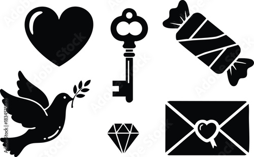 Silhouette icon set close-up frontal heart, vintage skeleton key, wrapped candy, dove with olive branch, diamond gem and heart-stamped envelope valentines day centered high-contrast vector layout