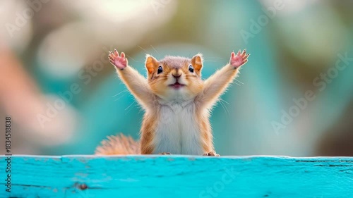 Adorable tiny rodent expressing pure joy with outstretched arms on a vibrant teal ledge