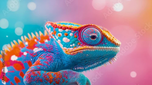 Close-up of a brilliantly hued chameleon with intricate scales and a mesmerising concentric eye, set against a softly blurred radiant aurora