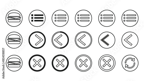 A collection of simple, outline-style icons for digital interfaces, including hamburgers, lists, arrows, and close buttons.