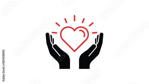 Two hands holding a glowing red heart icon symbolizing care and love.