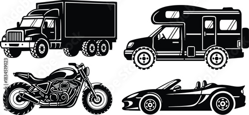 Silhouette vector set showing black cargo truck side view, camper van side profile, cruiser motorcycle and convertible sports car, high-contrast monochrome bold flat composition, center alignment
