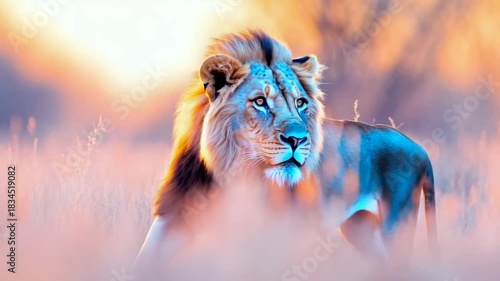 Ethereal savanna king, its powerful presence enhanced by a stunning gradient of glowing orange, pink, and cool blue illumination