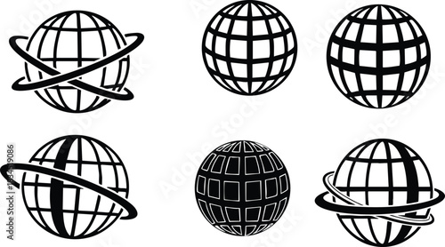 Line art vector globe icon set showing six distinct black globe designs with tilted orbit ring, dense grid sphere, thick filled globe and varied stroke weight
