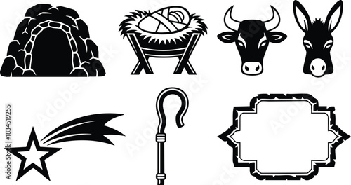 Flat silhouette icon set nativity close-up showing jesus christ in manger with swaddled baby, cow head, donkey head, shooting star, shepherd crook, decorative label, christmas scene