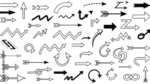 A diverse collection of hand-drawn arrows in various styles and directions is displayed.