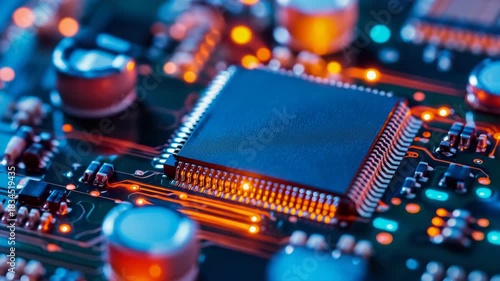 Dynamic microchip technology glowing with vibrant blue and amber light, showcasing intricate electronic pathways