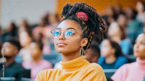 Attentive young student with vibrant curly hair and reflective spectacles engrossed in an engaging educational presentation