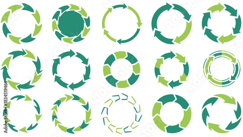 Multiple circular arrow diagrams in green and teal colors are displayed on a white background.