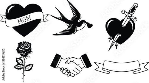Tattoo flash classic black line close up heart with mom banner low angle swallow holding ribbon dagger pierced heart single rose handshake emblem blank scroll vintage