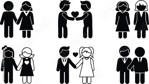 Minimalist pictogram set showing six couple icons in grid, black flat vector silhouettes holding hands, exchanging heart, wedding and crowned partner illustrations, centered, high bold monochrome