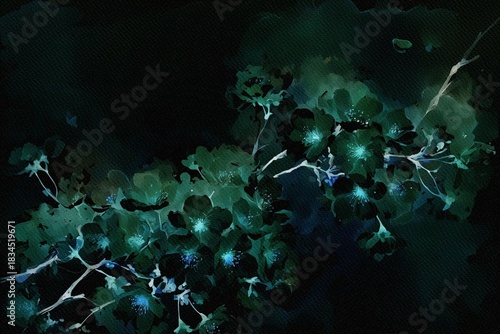 Black and green of a flowering branch. The branch is adorned with delicate blossoms. The flowers and branch create a striking contrast against the dark background. Vintage art.