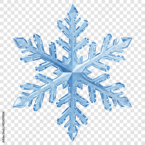 A complex translucent snowflake with crystalline facets in shades of blue on a transparent background. Transparency only in vector format.