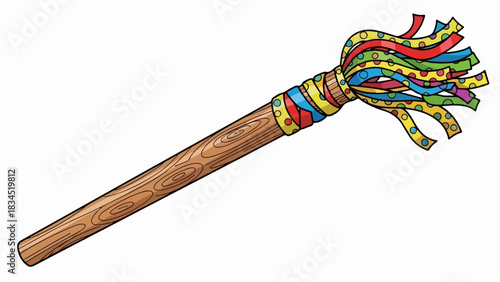 Wooden party noise maker with colorful ribbons. Festive instrument features playful fabric strips, creating joyful sound for any celebration or event.