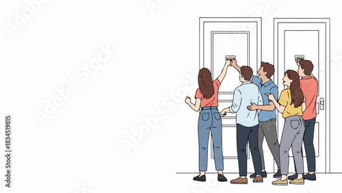 Six young adults engage in enthusiastic door knocking, seeking entry or attention from behind closed panels. Group of friends performing door knocking,