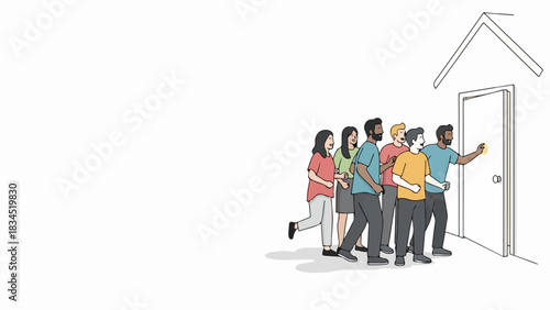 People queuing in front of house door, a common sight for services or events. Diverse group of individuals forming a line, people queuing patiently for entry or opportunity.