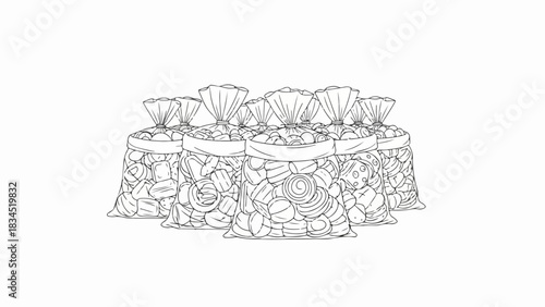 Illustration showing various bags of items, outline drawing of transparent plastic bags filled with many small, distinct objects. These bags of items suggest collection, sorting,