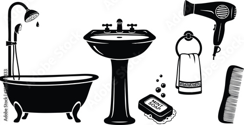 Silhouette vector of black clawfoot tub with overhead shower, front pedestal sink, soap bar with bubbles, towel on ring, handheld hairdryer and comb, vintage bathroom icons