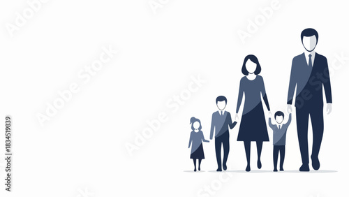 Flat design family icon showing parents and three children together. Graphic family icon depicts a mother, father, and kids walking, symbolizing unity and demographic representation.