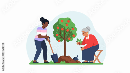 Two women illustration depicts dedicated tree planting, younger person digs soil with shovel. Older woman tends small sapling, representing intergenerational collaboration for tree planting.