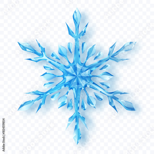 A complex snowflake with crystalline facets in shades of light blue with soft shadow on a transparent background. Transparency only in vector format.