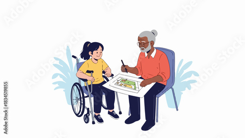 Disabled child art session with senior mentor, fostering creativity. Young girl in wheelchair creates disabled child art, holding drawing alongside an adult.