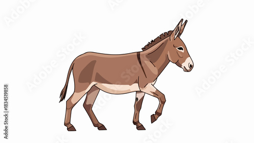 Brown donkey illustration walking, with sturdy body, long ears. Friendly animal design features clean cartoon style, distinct mane, tail. Versatile farm donkey illustration for children media,