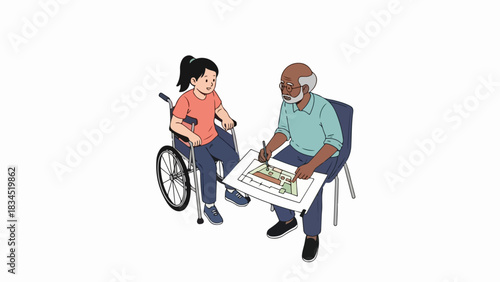 Elderly man young woman collaborate on drawing project, creating architectural design on paper. Elder man instructs young woman in wheelchair, providing artistic guidance.