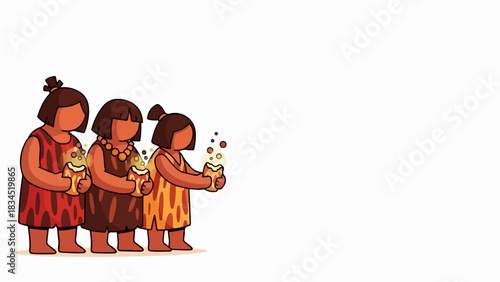 Stylized tribal people in traditional attire hold ancient vessels. Three tribal people illustrate indigenous culture, carrying symbolic cups with vibrant contents.