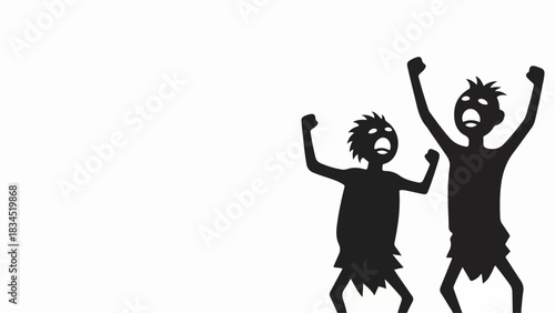 Angry cavemen silhouettes, mouths open, fists raised on white. Primal figures show raw emotion, fierce expressions capture energy, angry cavemen symbolize struggle, protest.