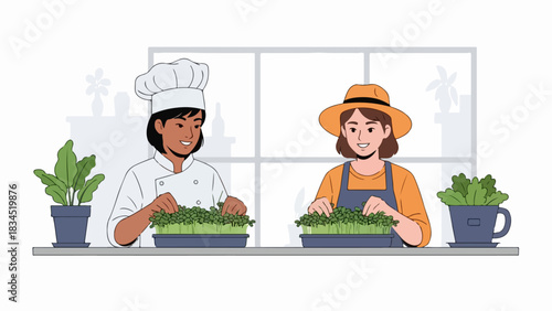 Women focused on growing microgreens, a chef and gardener tending young plants. Hands work with vibrant sprouts in trays, cultivating fresh growing microgreens for healthy meals.
