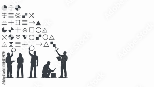 Data analysis team silhouettes interact with abstract geometric shapes. Group collaboration processes information, symbols flowing toward a skilled data analysis team.