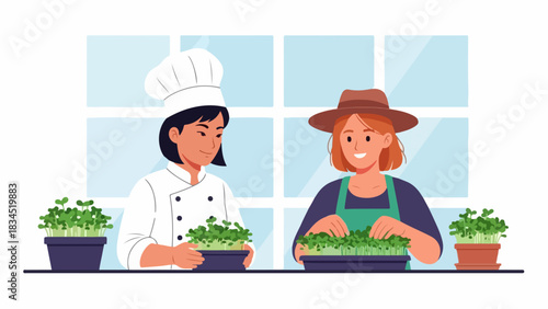 Chef and farmer engaged in microgreens cultivation, tending healthy plants. Women demonstrate fresh microgreens cultivation, growing nutritious sprouts.