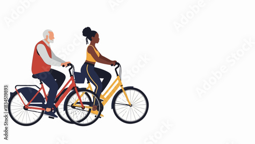 Diverse people cycling on bicycles across plain white background. Older man and younger woman engage in active lifestyle, people cycling together.
