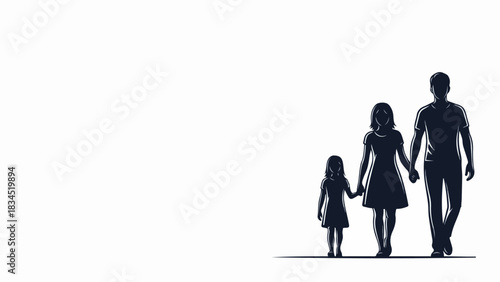 Striking family silhouette depicting father, mother, and child walking hand in hand against plain background. Family silhouette illustrates unity, togetherness,