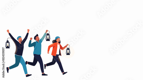 Men running lanterns, each holding a glowing light source with purposeful stride. Group of men running lanterns, symbolizing discovery, shared journey, and collective progress.