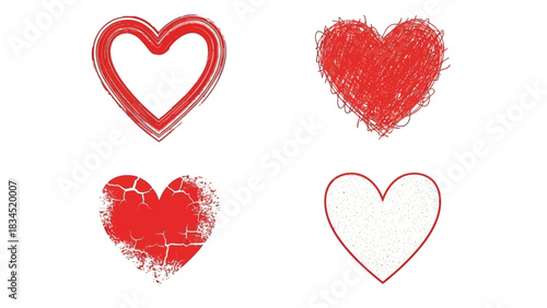 Four distinct red heart illustrations are presented on a white background, each with a unique texture and style, symbolizing love and emotion.