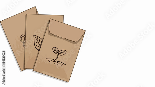 Brown seed packets with hand drawn plant illustrations, showing seedling, leaf, and sprout symbols on white background. Seed packets represent gardening, new growth, and agricultural beginnings.